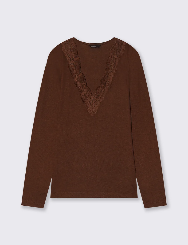 T-shirt manica lunga scollo madonna - Marrone cioccolato