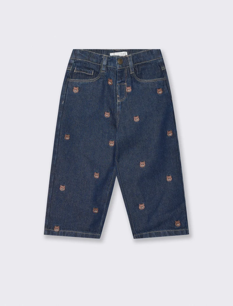 Jeans in denim con orsetti ricamati - Denim