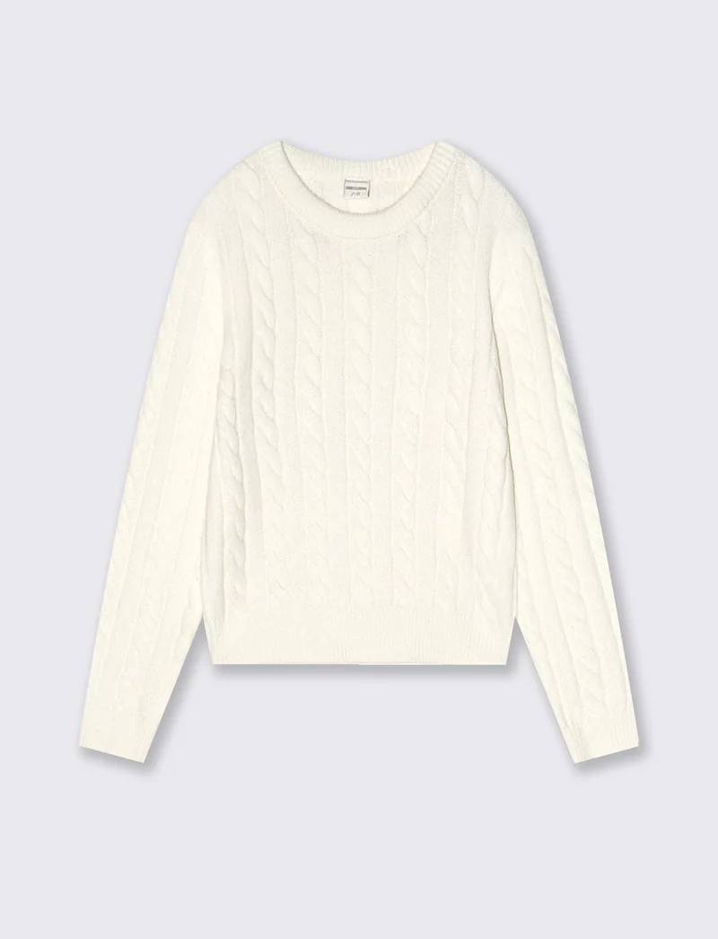 Pullover bambina girocollo a trecce - Bianco latte