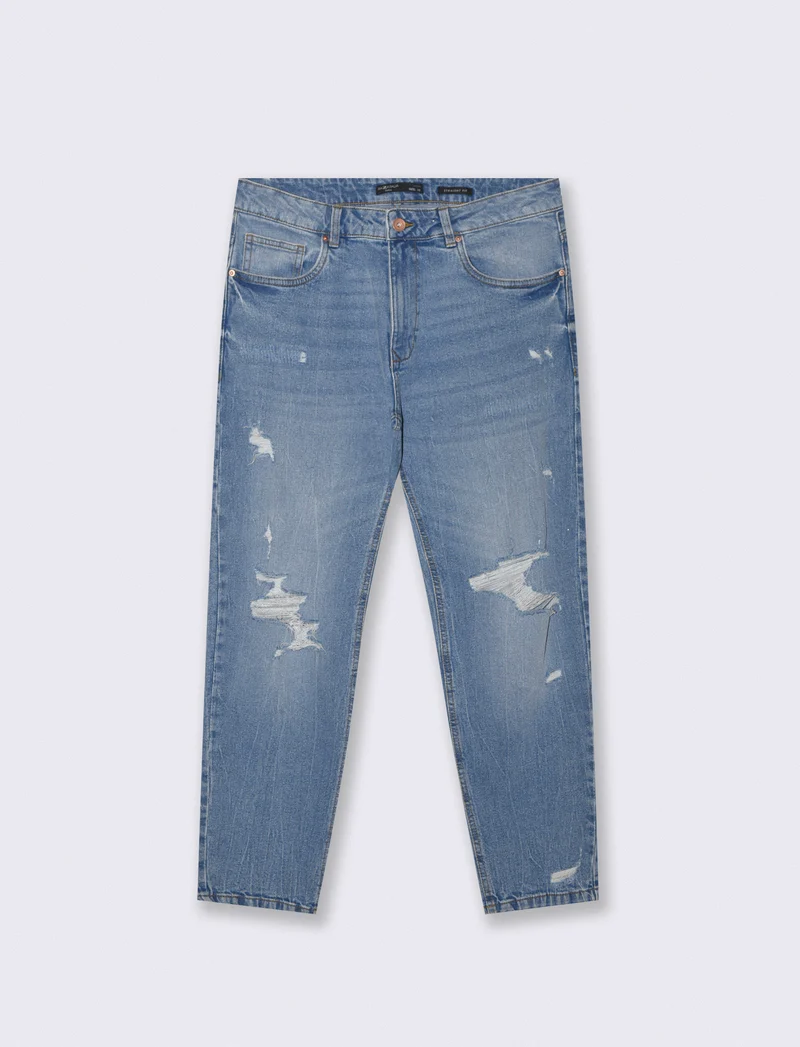 Jeans Straight Fit con Strappi e Slavature - Denim