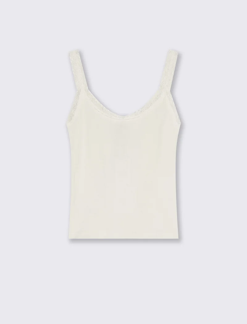 Top giromanica a costine con pizzo - Nero