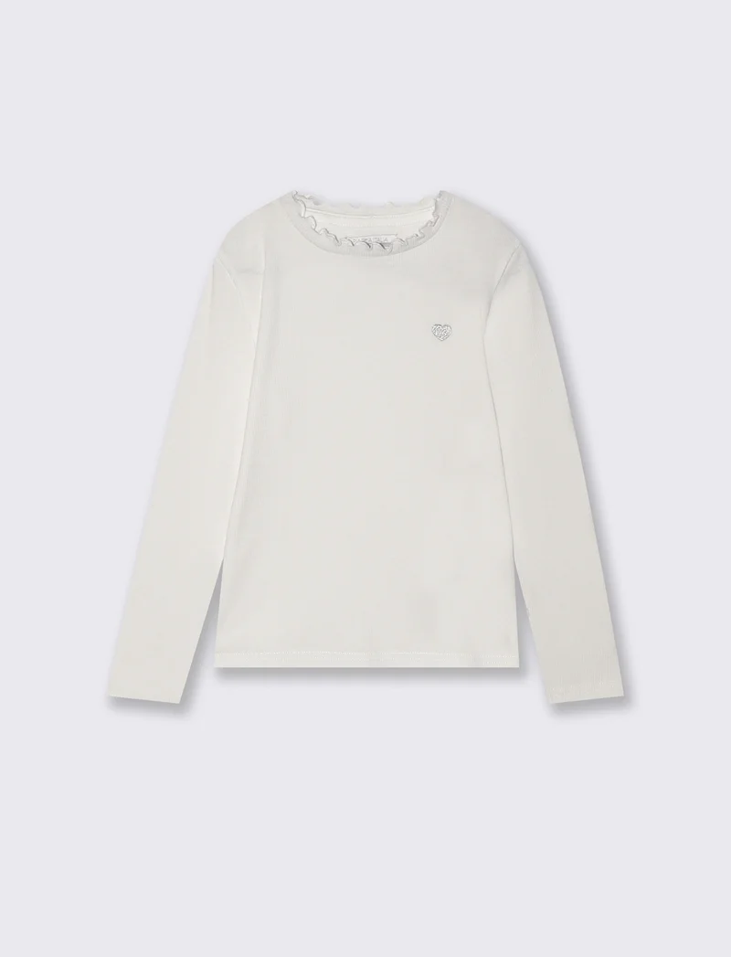 T-shirt manica lunga in cotone rib con fiocco - Bianco latte
