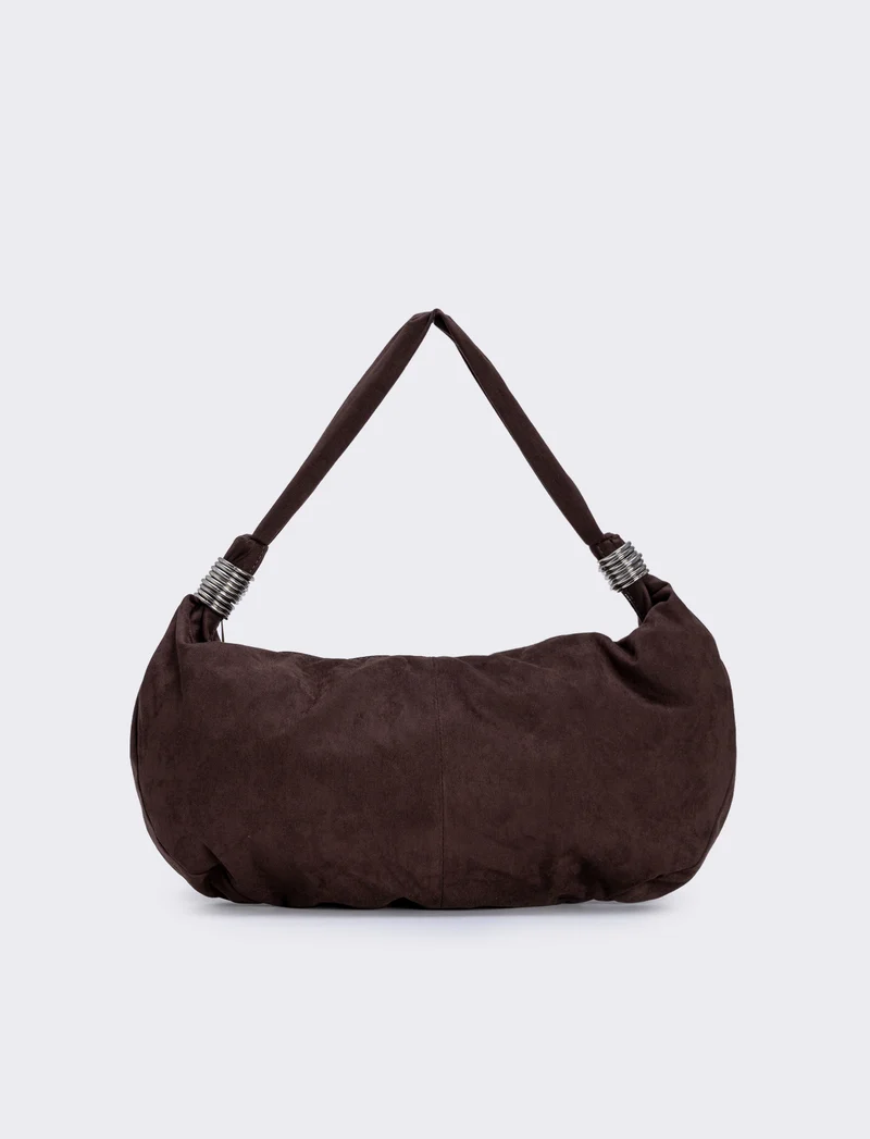 Borsa mezzaluna in suede con anelli - Marrone