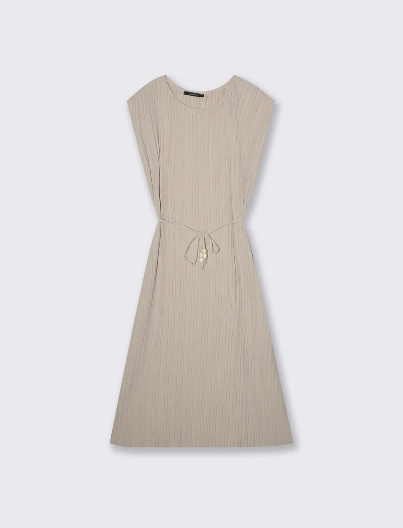 Abito midi plissé con cintura e spalline - Beige
