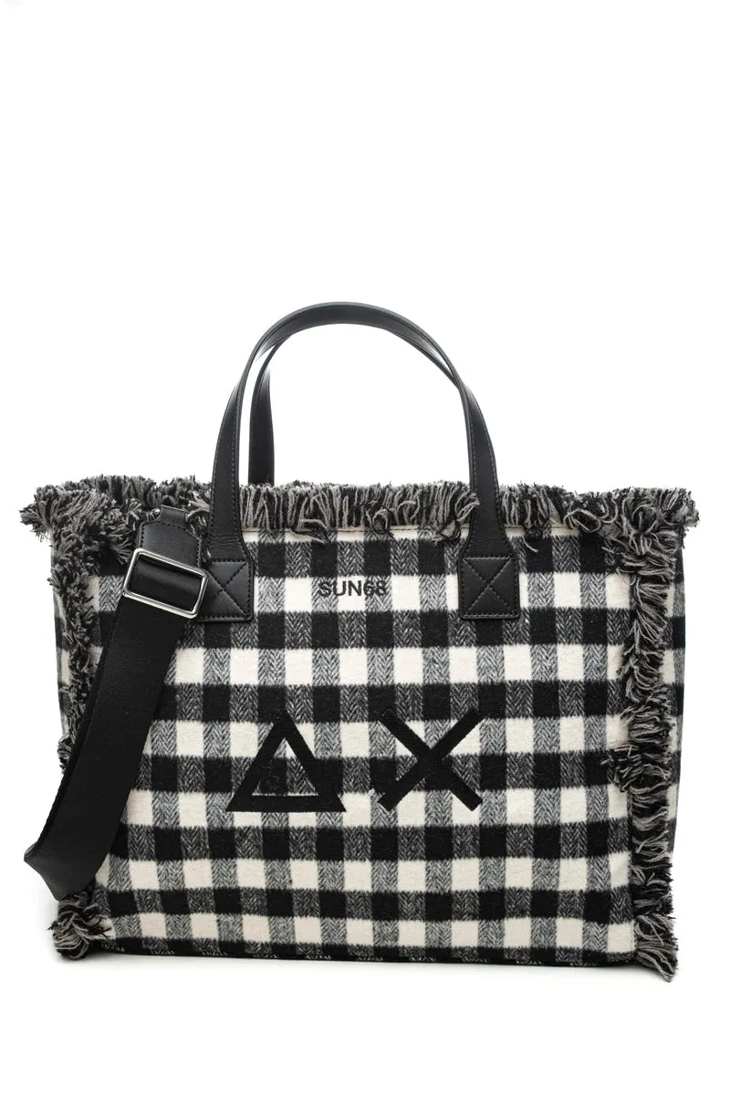 Borsa Sun68 Cali Midi Tartan Da Donna Quadri Nero Panna In Panno
