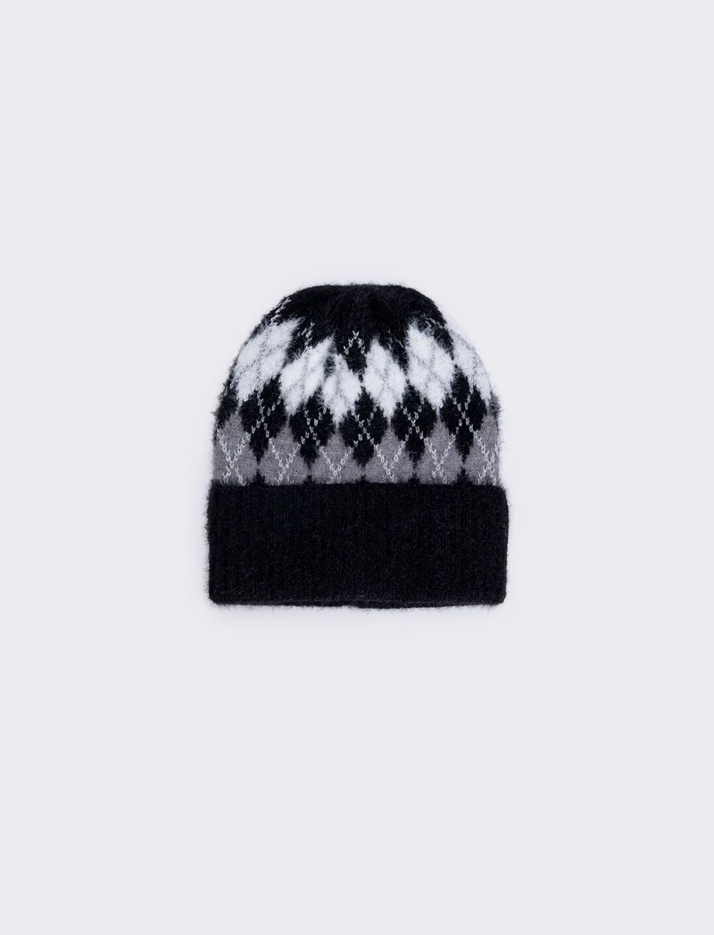 Cappello a quadri con risvolto - Nero