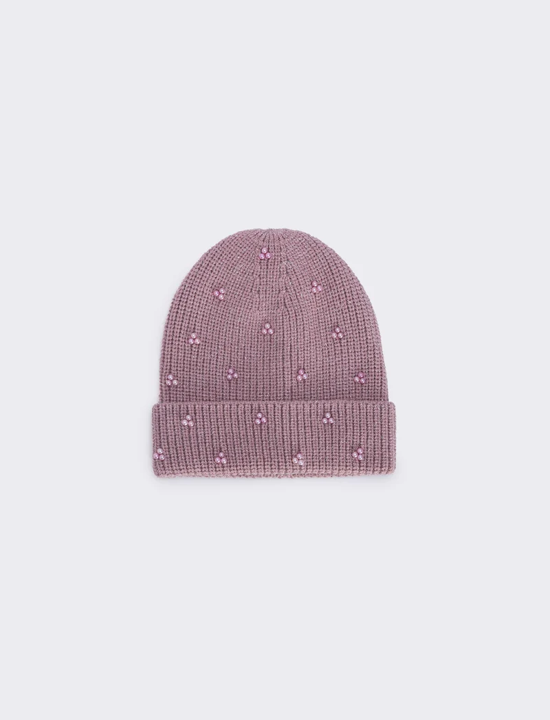 Cappello maglia con perline e risvolto - Rosa