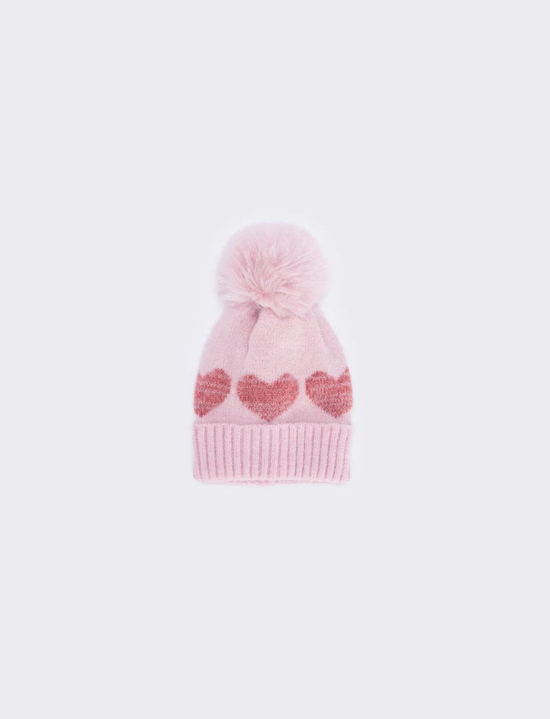 Cappello pon pon con cuoricini vivaci - Rosa