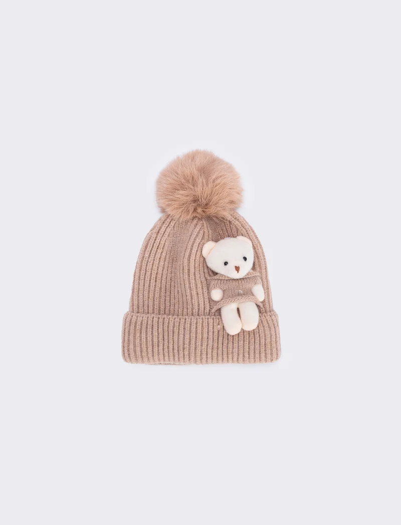 Cappello con orsetto e pon pon unico - Beige
