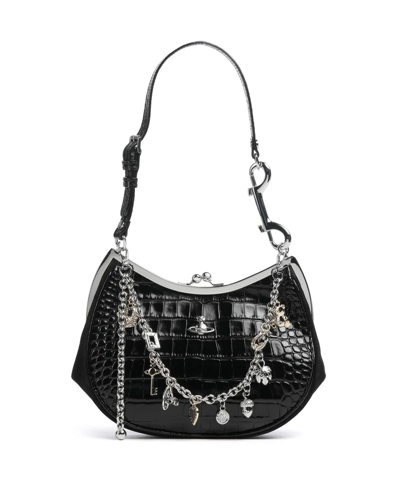 Vivienne Westwood Charm Frame Embossed Croc Borsa a spalla black