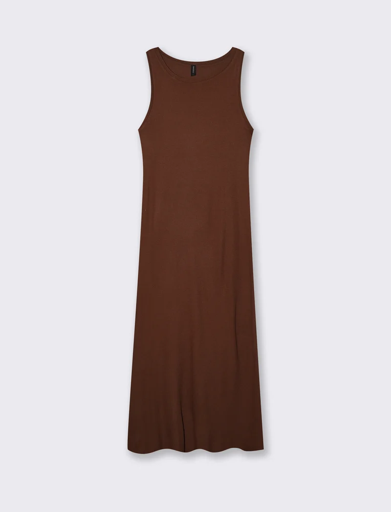 Vestito lungo a costine slim con scollo - Marrone cioccolato