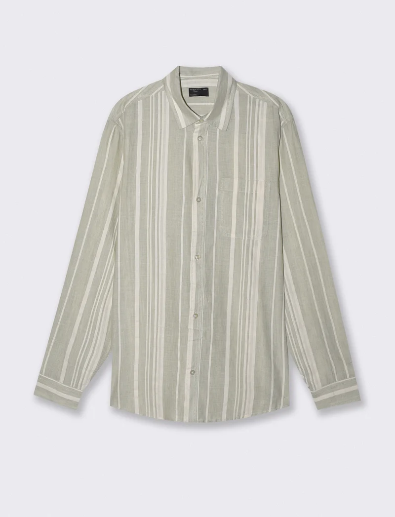 Camicia a righe regular fit in lino cotone - Verde