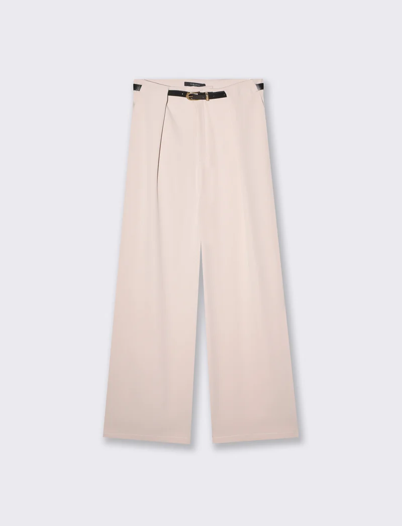 Pantalone con Pieghe e Cintura - Beige