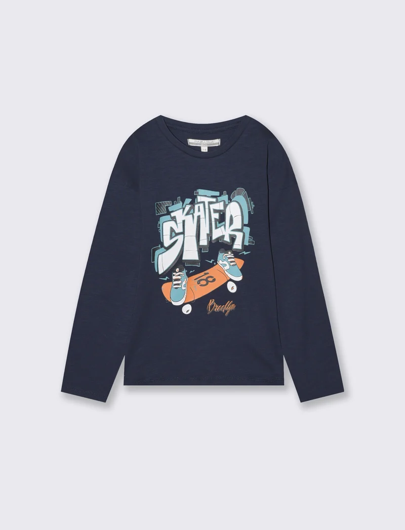 T-shirt maniche lunghe in jersey fiammato - Blu