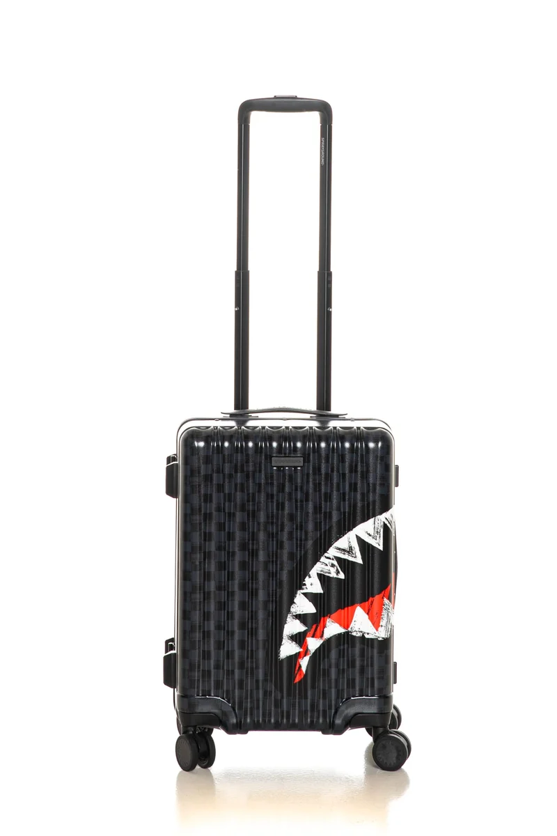 Trolley Sprayground Scribble Shark Carry-On Luggage Unisex Stampa Disegno Scacchi Grigio Nera E Shark In Policarbonato