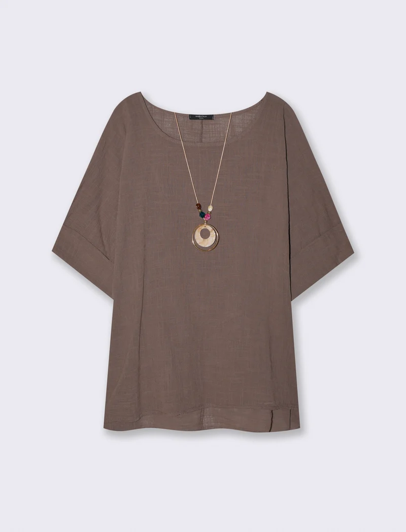 Blusa collo rotondo manica a tre quarti - Grigio fango