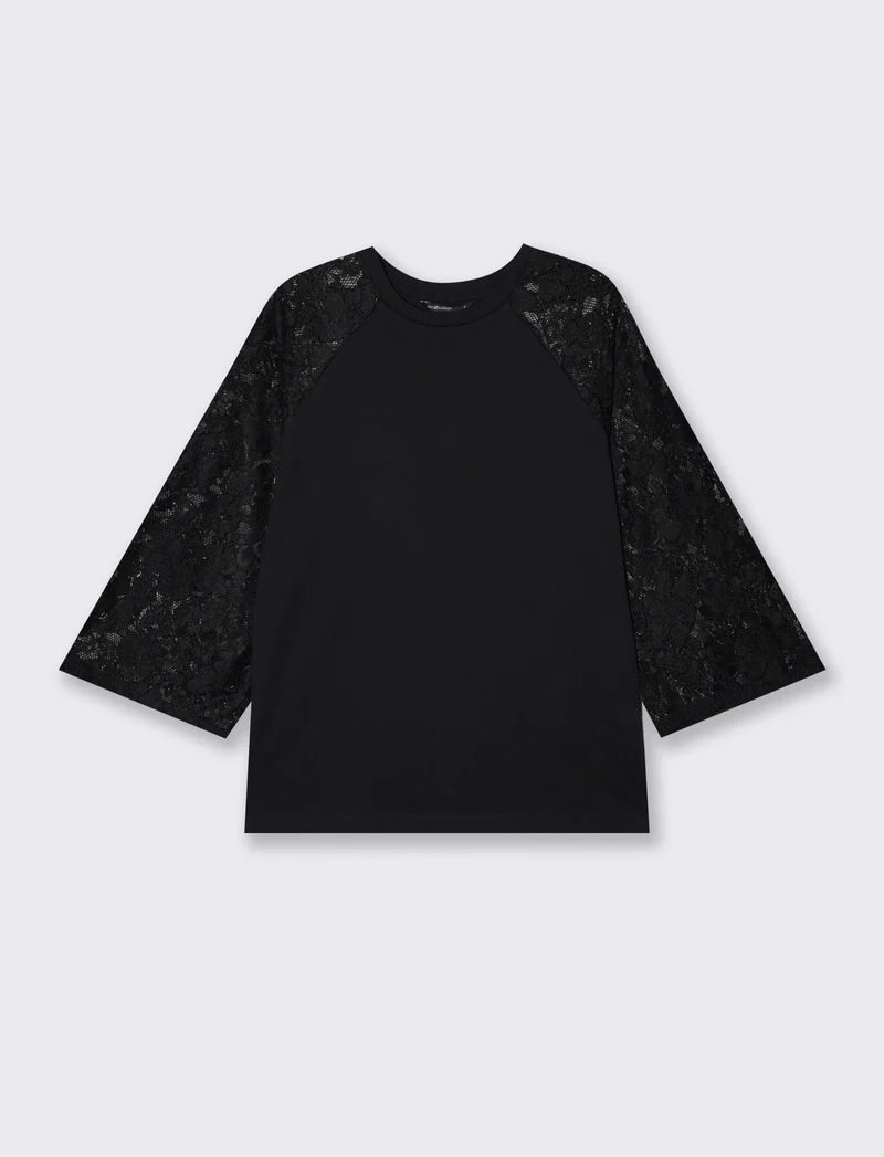 T-shirt manica a tre quarti in pizzo - Nero