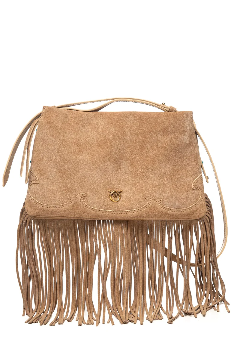 Borsa Pinko Triplet Mini Fringes Gold Da Donna Beige Scotiattolo In Suede Scamosciata