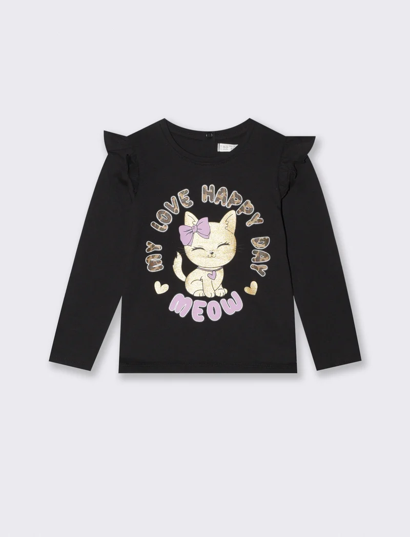 T-shirt a manica lunga con volant e stampa - Nero