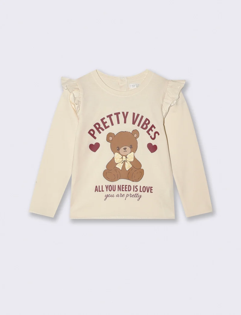 T-shirt a manica lunga con volant e stampa - Beige