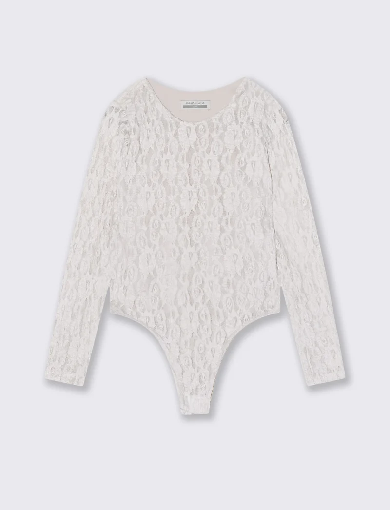 Body in pizzo girocollo per bambina - Crema