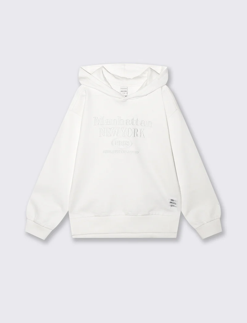 Felpa in cotone con ricamo frontale - Bianco latte