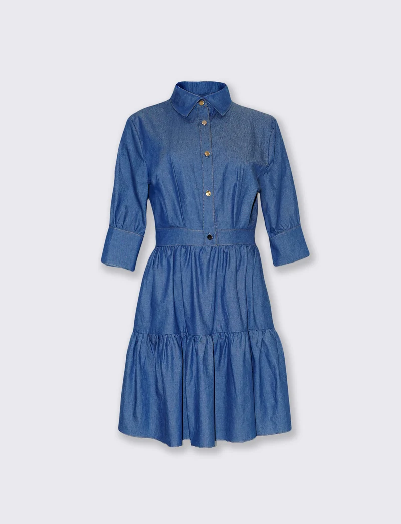 Abito corto denim con maniche a balze - DENIM SCURO