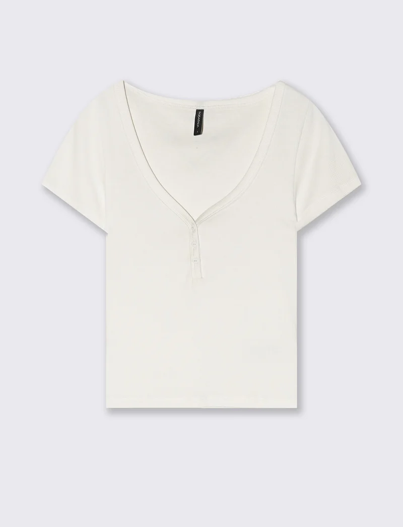 T-Shirt in Cotone con Scollo a V e Bottoni - Bianco latte