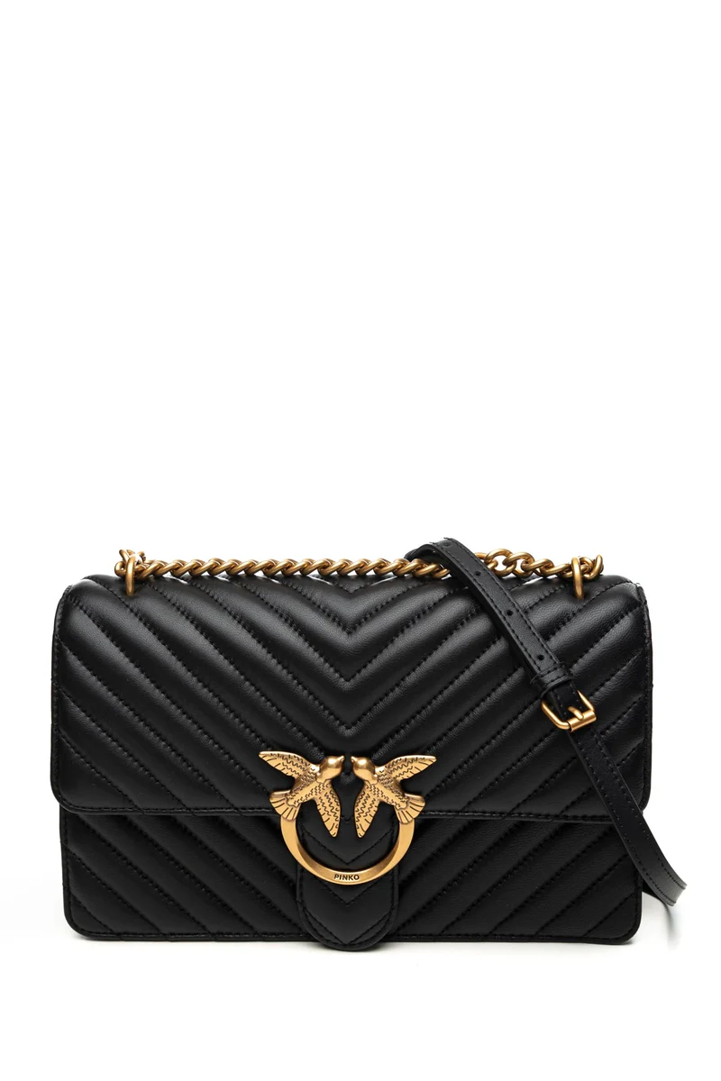 Borsa Pinko Love One Classic Matelassè Chevron Gold Da Donna Nera In Nappa