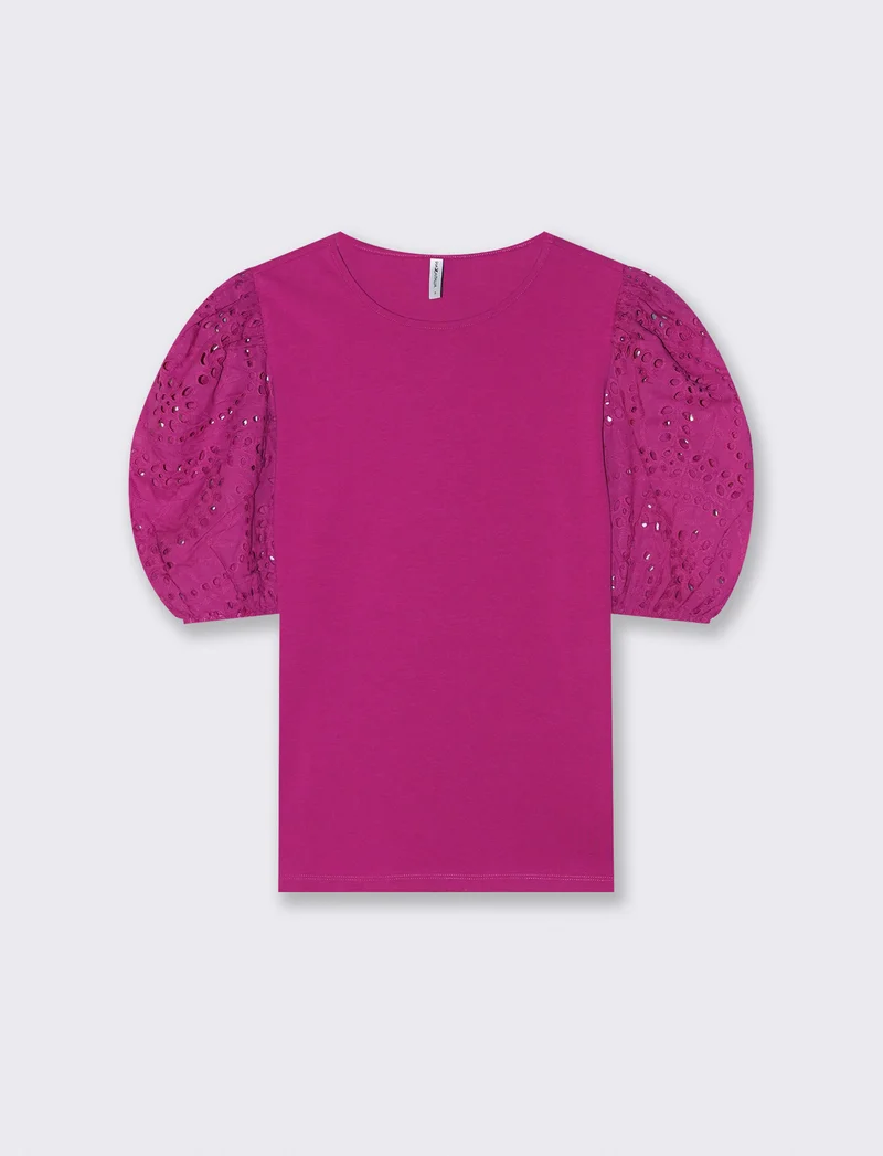 T-shirt in cotone con maniche in pizzo - Fuxia