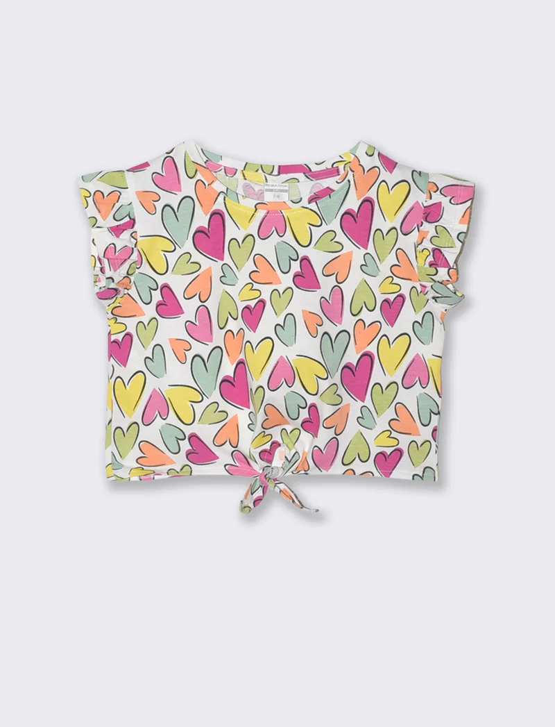 T-shirt estiva in cotone con nodo e manica aletta - Fantasia