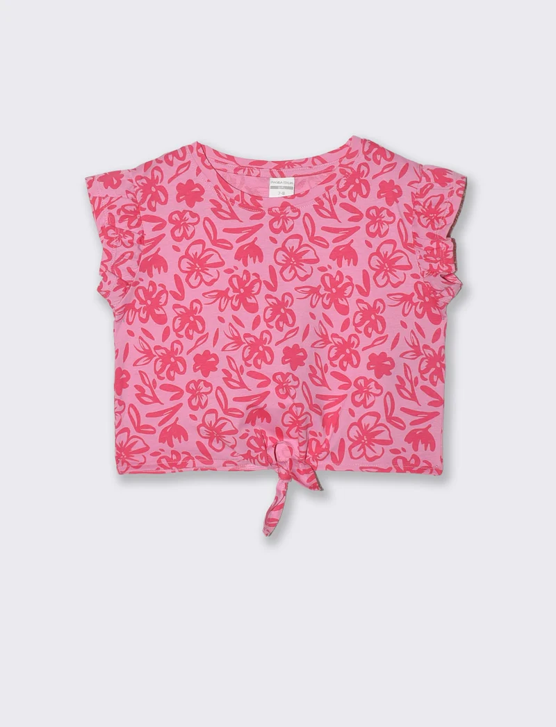 T-shirt estiva in cotone con nodo e manica aletta - Rosa