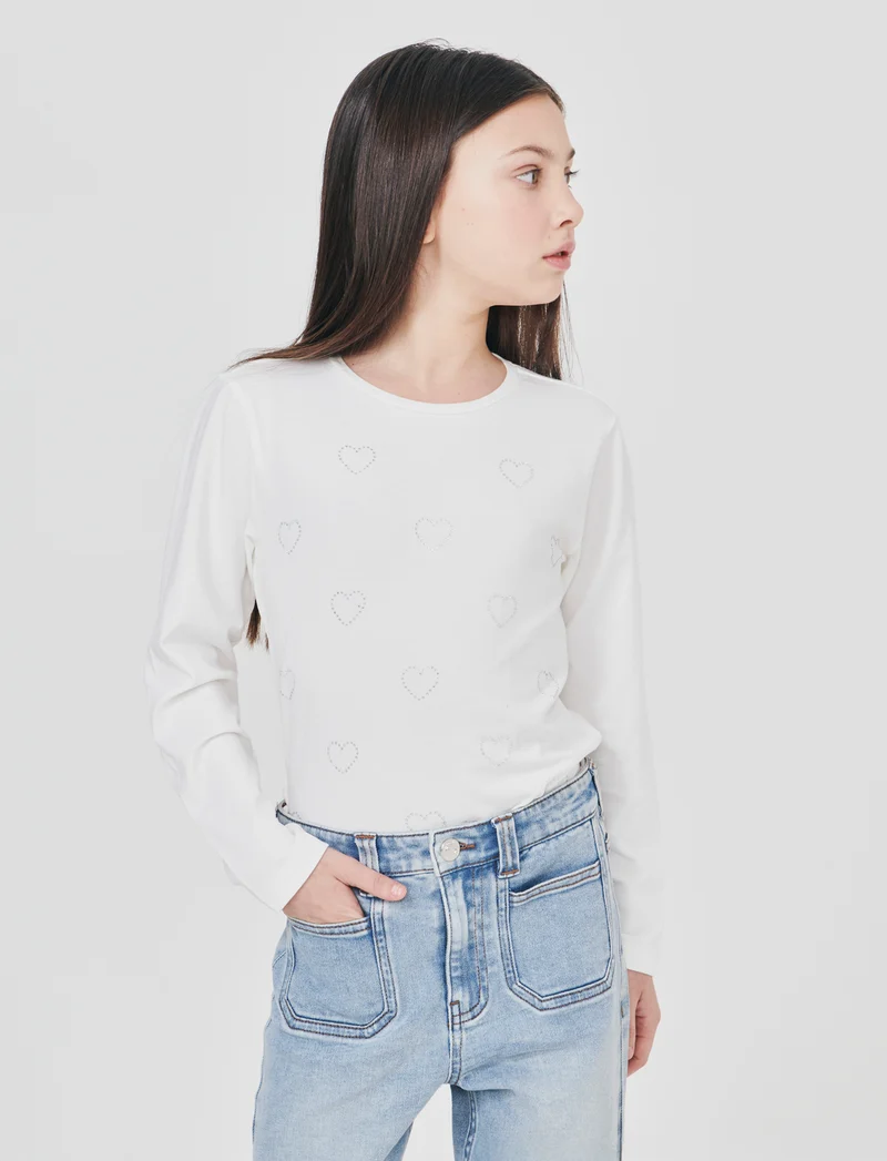 T-shirt manica lunga bambina con strass - Bianco latte