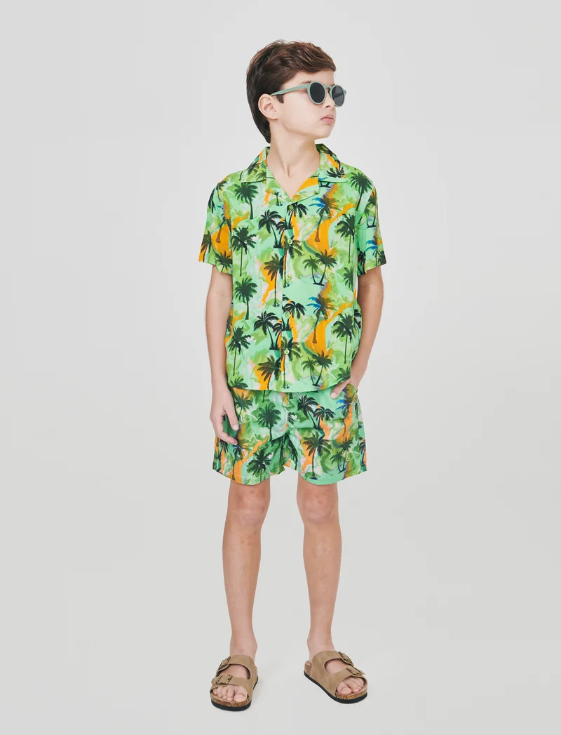 Camicia in cotone mezza manica fantasia - Verde
