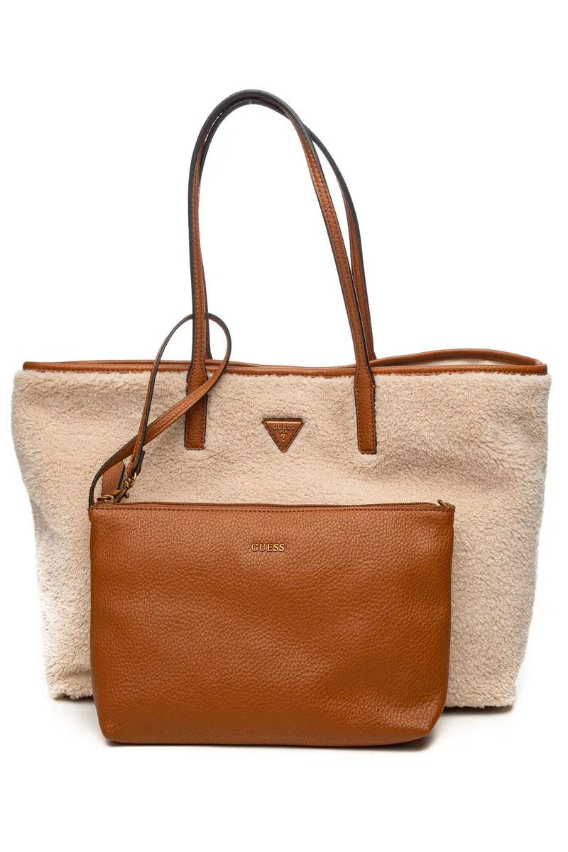 Borsa Guess Victtoria Sp L Da Donna Naturale Cognac In Sherpa E Poliuretano