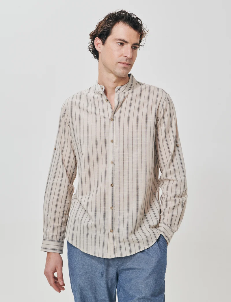 Camicia coreana a righe con denim - Sabbia