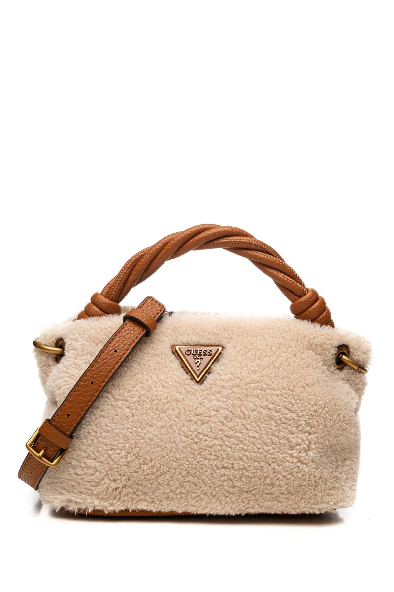 Borsa Guess Shaida Top Handle Da Donna Naaturale Cognac In Sherpa