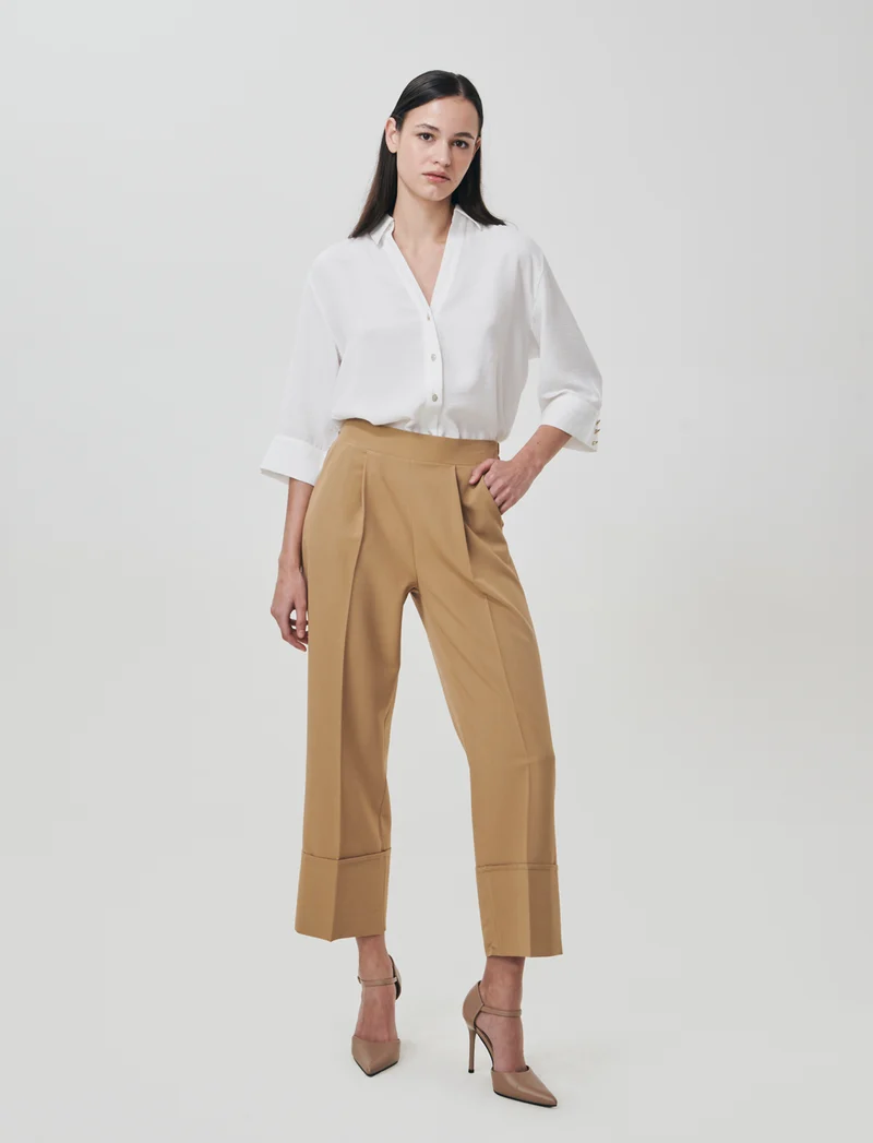 Pantalone Coulotte con Elastico e Risvolto - Sabbia