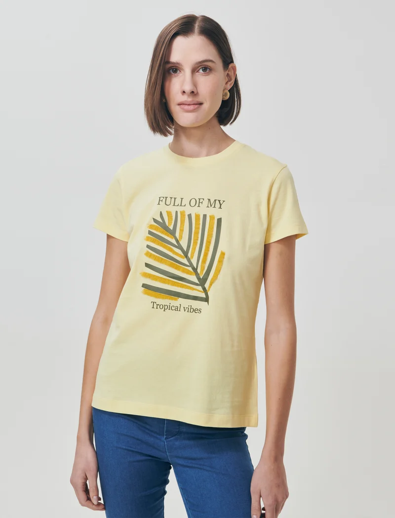 T-Shirt Mezza Manica con Ricamo - Giallo pastello