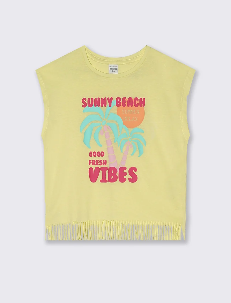 T-shirt con frange e stampe colorate - Giallo