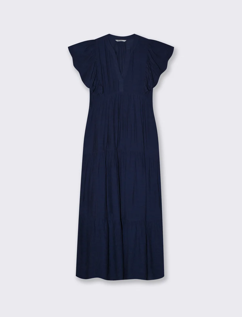 Vestito lungo con scollo a V e balze - Blu