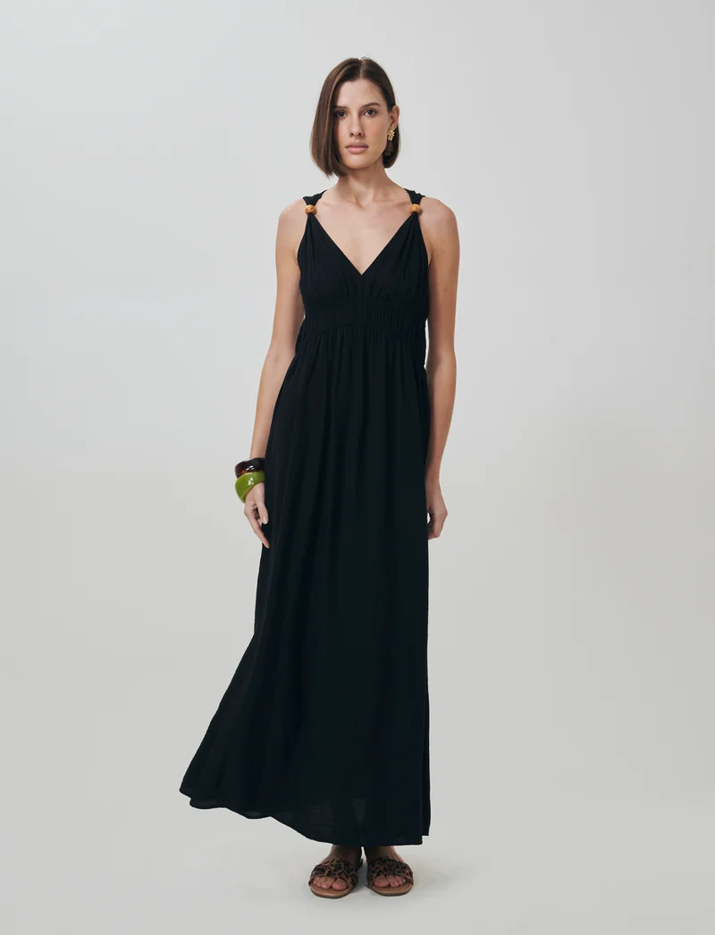 Vestito lungo con scollo a V e arricciato - Nero