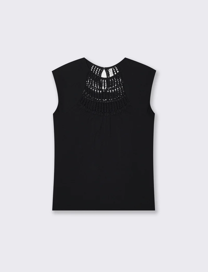 Top con pizzo e inserti sullo scollo - Nero