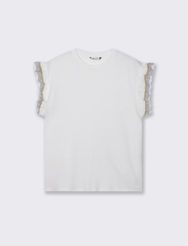 T-Shirt Mezza Manica con Rouches e Alette - Bianco