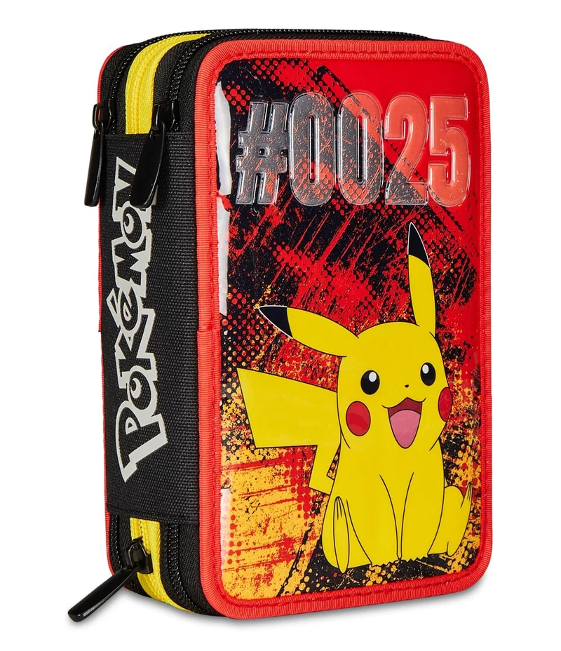 Seven Astuccio Scuola 3 Scomparti, PIKACHU - POKEMON, Giallo Rosso - Portapenne Multi Scomparto Con Matite, Penne e Colori