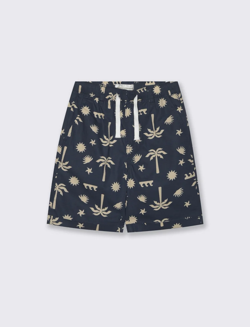 Short in cotone stampato con lacci - Blu