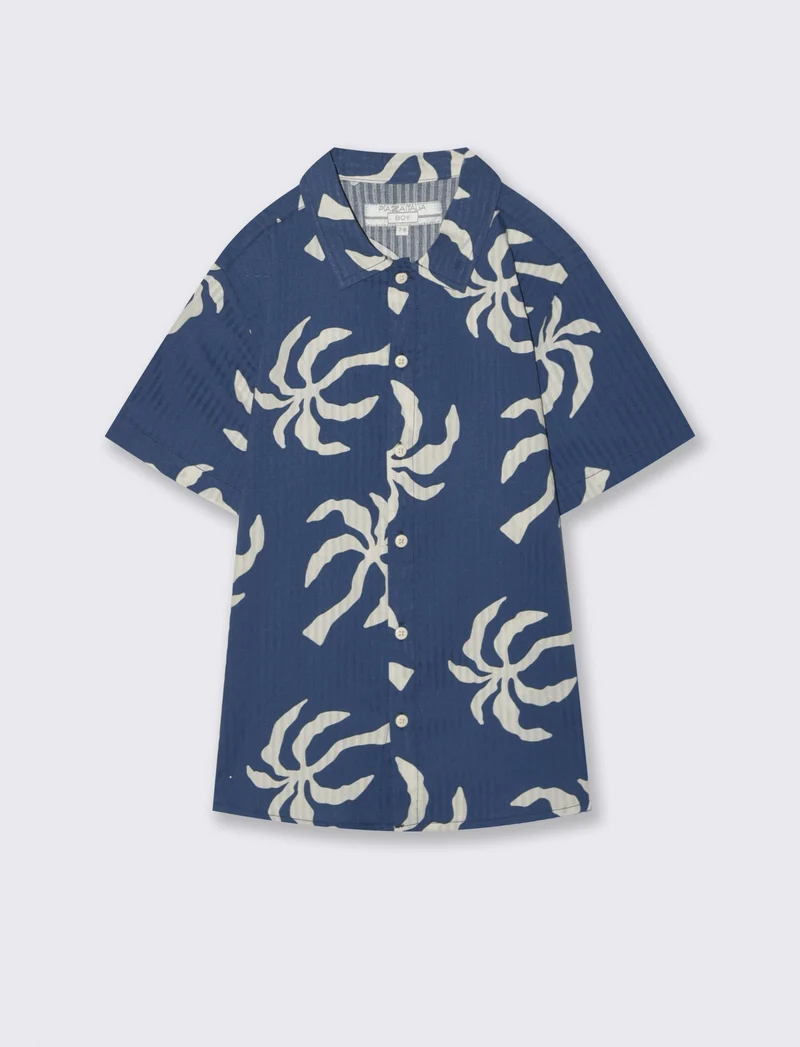 Camicia in cotone a mezza manica stampata - Blu