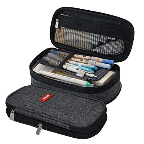 Coolzon Zaino scolastico espandibile, astuccio di grande capacità, astuccio per matite, astuccio per cancelleria, borsa per trucchi, per ragazze, ragazzi, studenti, bambini e adulti, Grigio, Borsa
