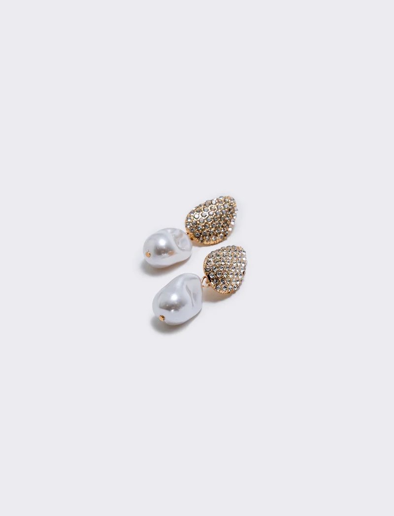 Orecchino pendente con perla e strass - Oro