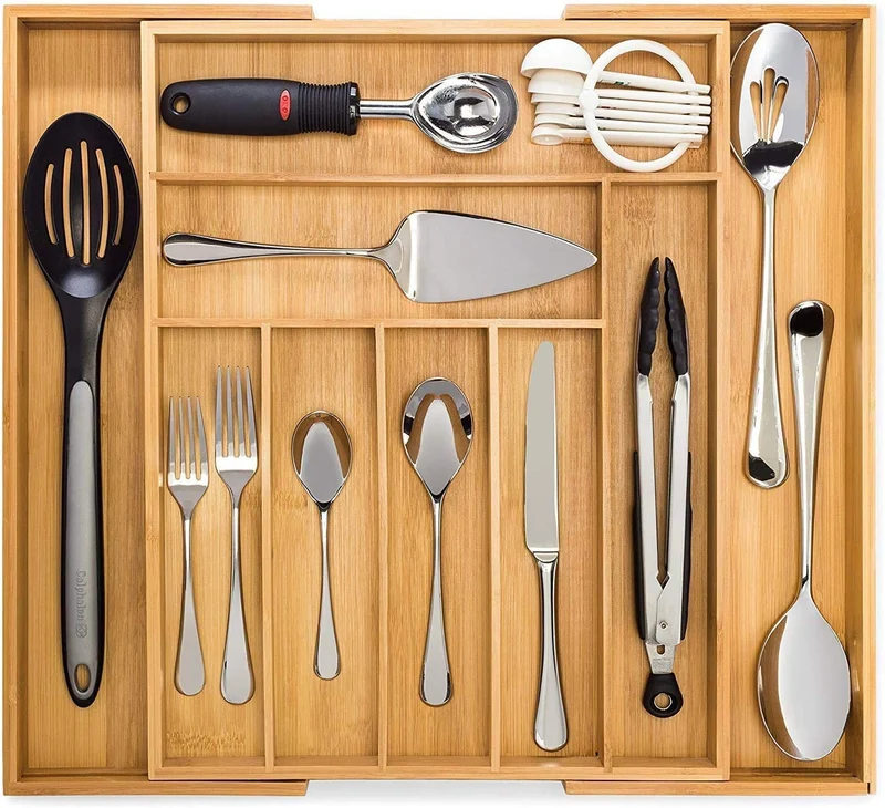 Dynamic Gear Bambù portaposate da cassetto, espandibile a 7 scomparti porta posate cucina cassetto, sistema organizer posate da cassetto del cassetto per posate e vassoi per utensili da cucina